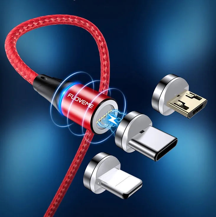 Black magnetic USB-C fast charging cable with side indicator lights for iPhone and Android devices