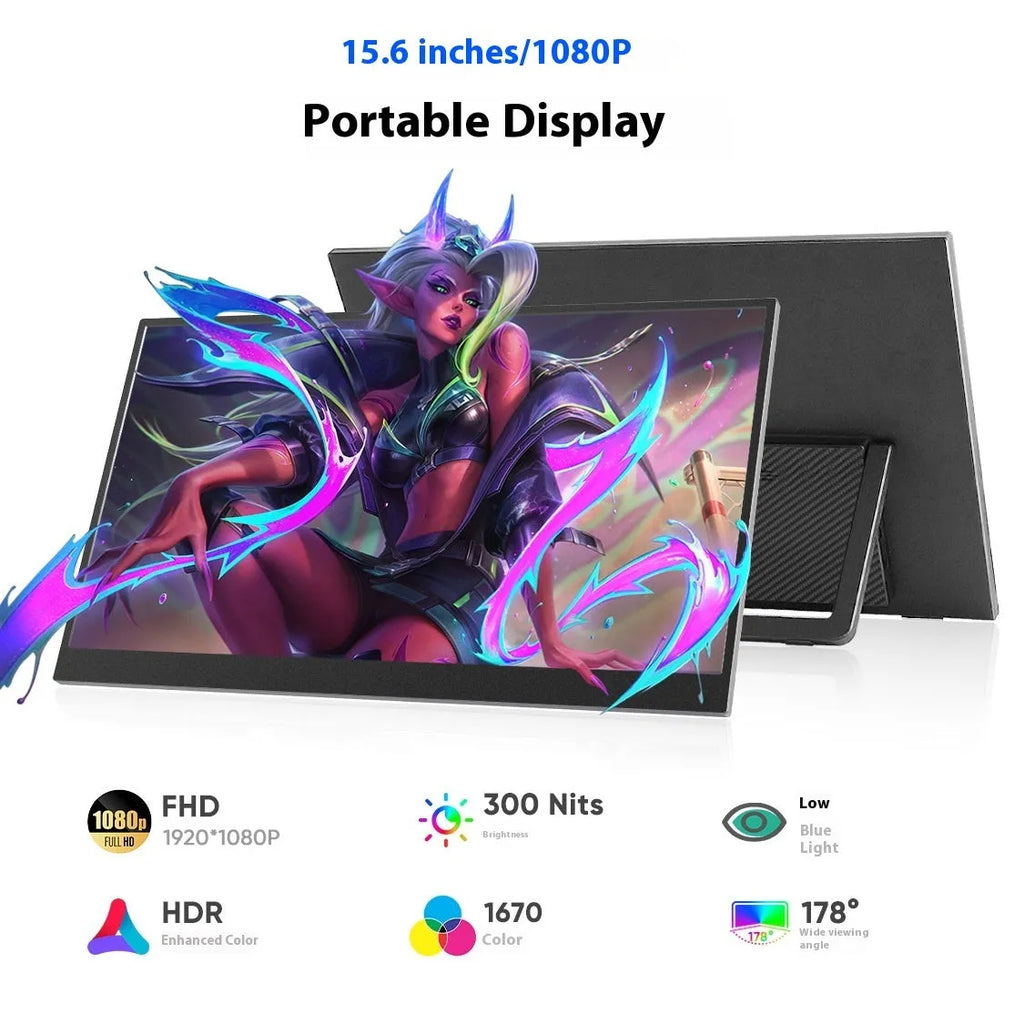 Black 15.6-inch portable monitor with adjustable stand showing Full HD display with office application