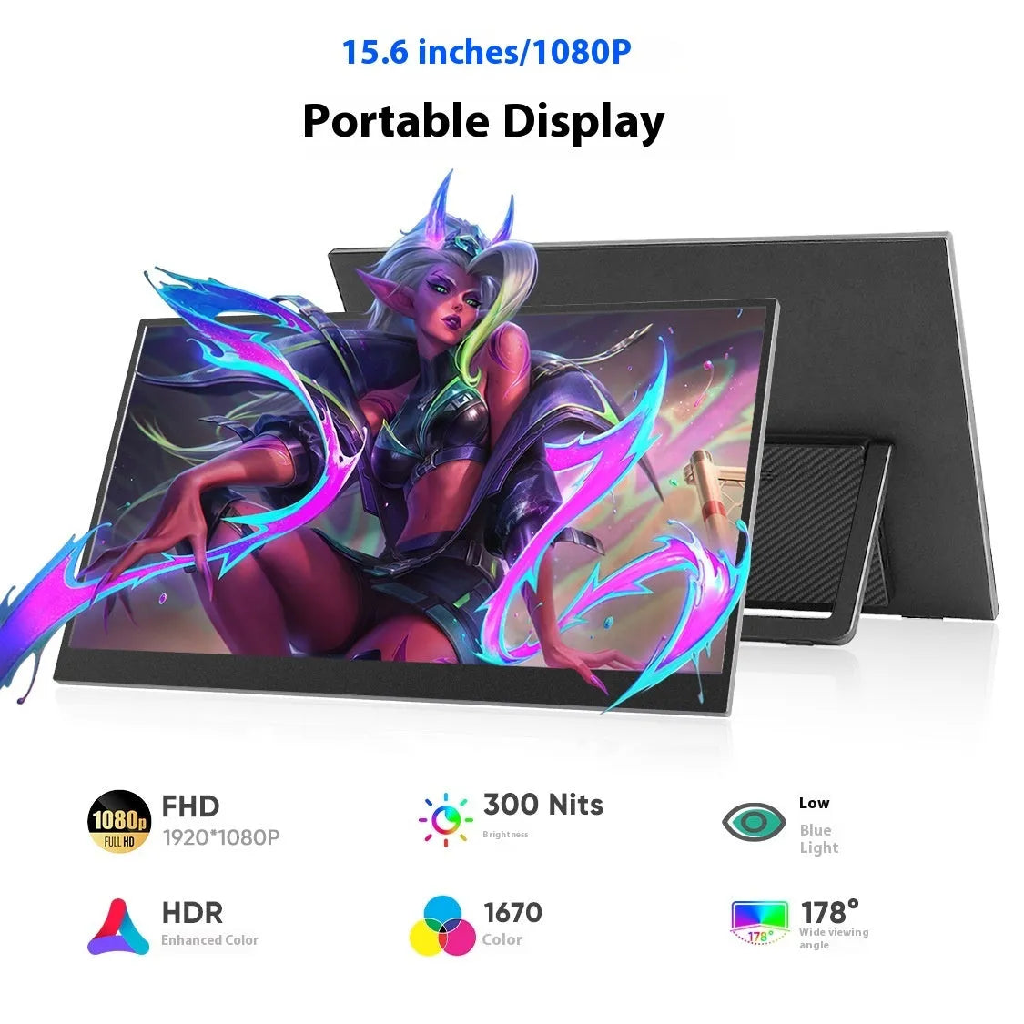 Black 15.6-inch portable monitor with adjustable stand showing Full HD display with office application