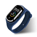 Blue smart bracelet with Bluetooth earphone combo showing 1-inch screen on silicone wristband
