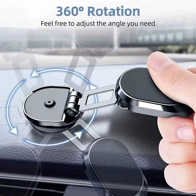 Chrome alloy folding magnetic car phone holder showing extended and folded positions on dashboard