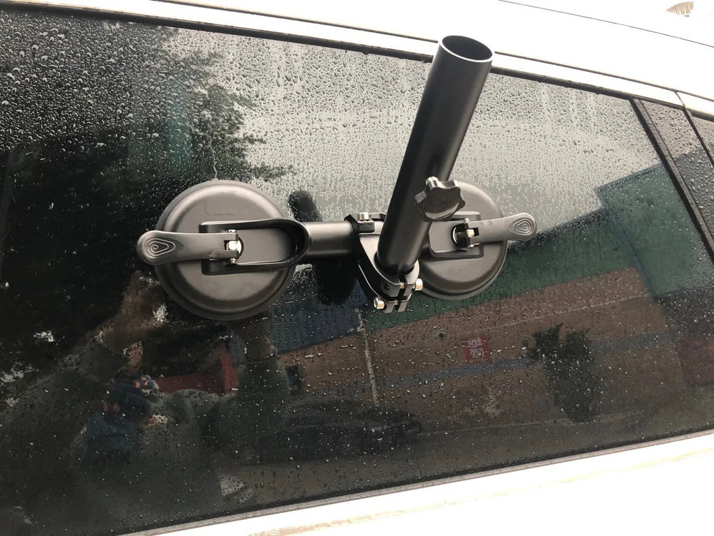 Black off-road vehicle flagpole sucker base with round suction cup and rubber disc