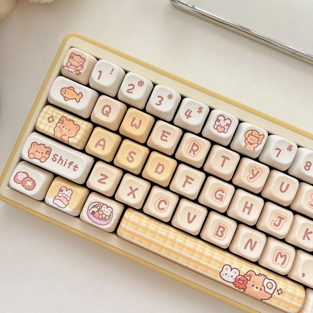 Rabbit Bear Restaurant themed PBT plastic keycap set for mechanical keyboards, showing 140 keys with EOA height profile.