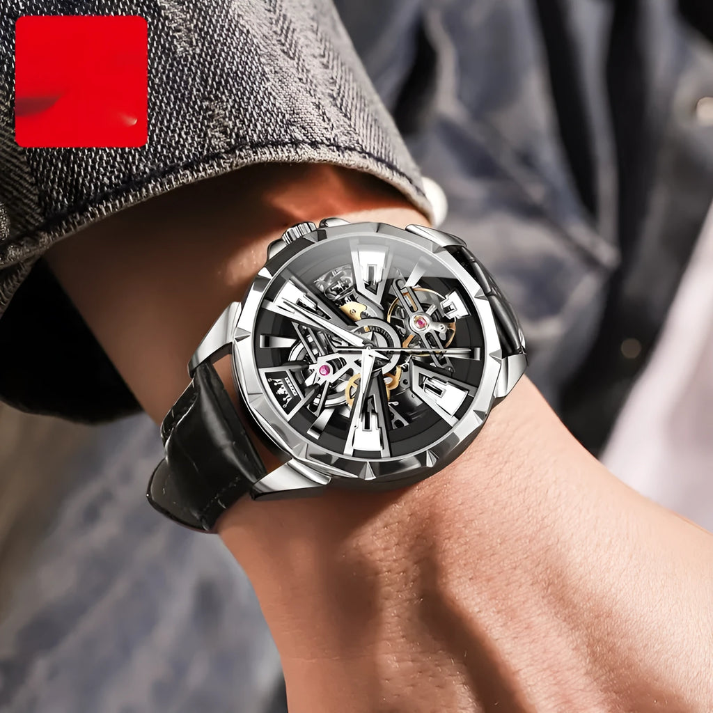 Men's automatic mechanical watch with hollow skeleton dial showing movement through 44mm barrel-shaped case
