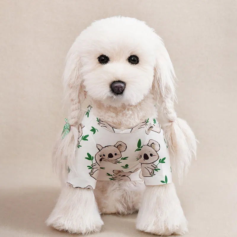Polyester dog t-shirt with full-body printed design shown in multiple colour options and sizes