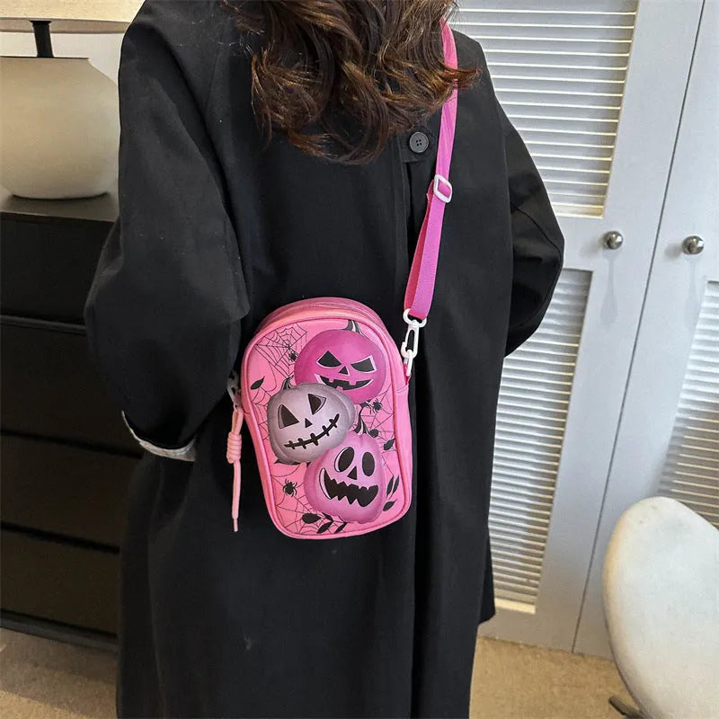Halloween graffiti print crossbody phone bag with cartoon pumpkin ghost bat designs