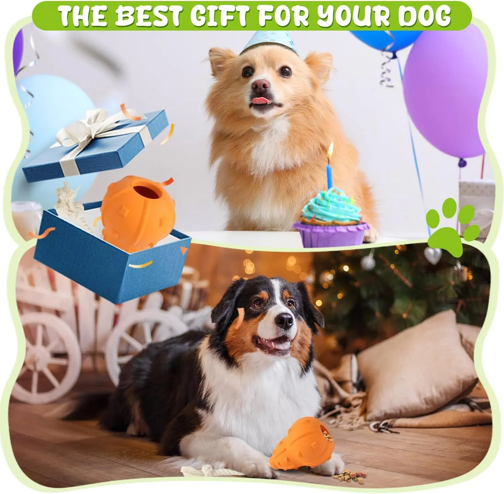 30cm long natural rubber dog toy with hollow treat-dispensing interior and longer tugging strap