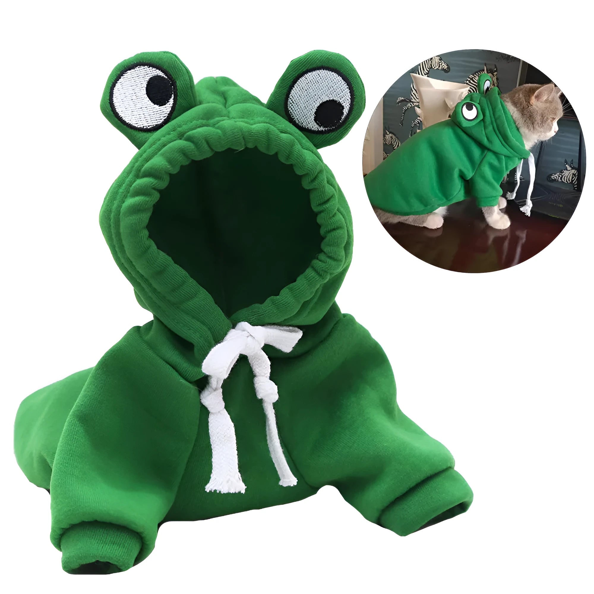 Green frog costume hoodie for small dog with hood and fleece material showing chest girth measurement