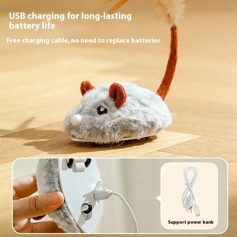 Electric self-moving cat toy with pink plush mouse attachment showing Type-C charging port