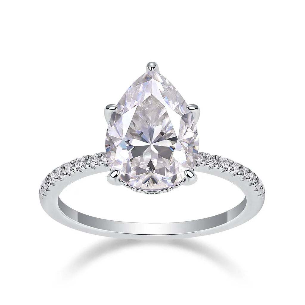 Light And Shadow wedding ring set with pear-shaped moissanite 9x13mm on silver platinum-plated band