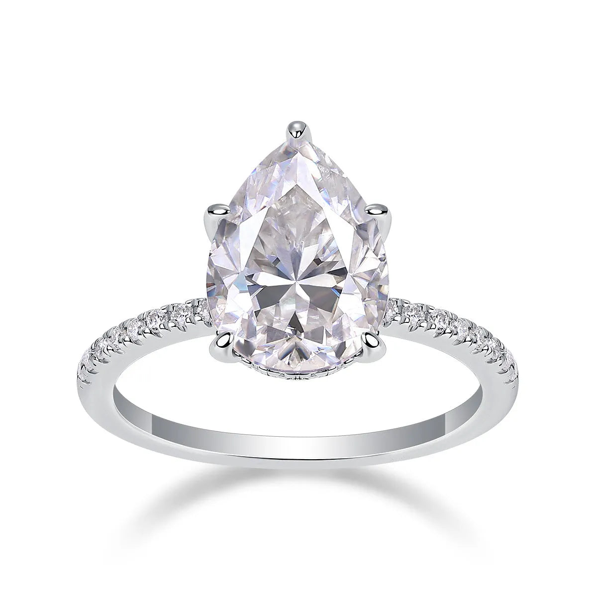 Light And Shadow wedding ring set with pear-shaped moissanite 9x13mm on silver platinum-plated band