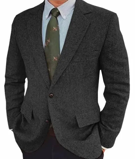 Men's brown herringbone suit jacket with long sleeves and notch lapels, laid flat.