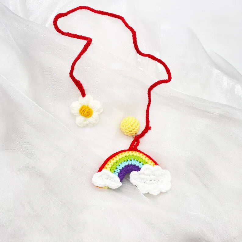 Handmade crocheted car pendant in avocado, pink rainbow, or red rainbow colours