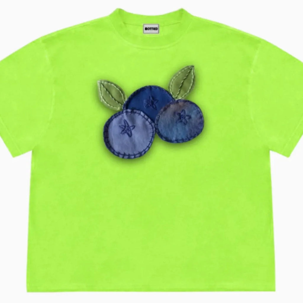 Blueberry fabric patchwork design on a loose fit, short sleeved ice oxygen cotton t-shirt.