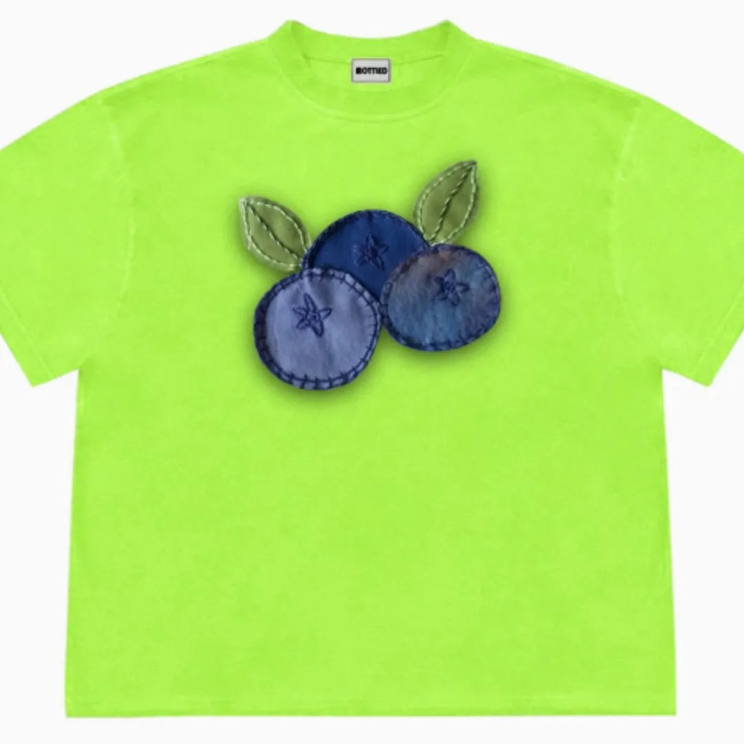 Blueberry fabric patchwork design on a loose fit, short sleeved ice oxygen cotton t-shirt.
