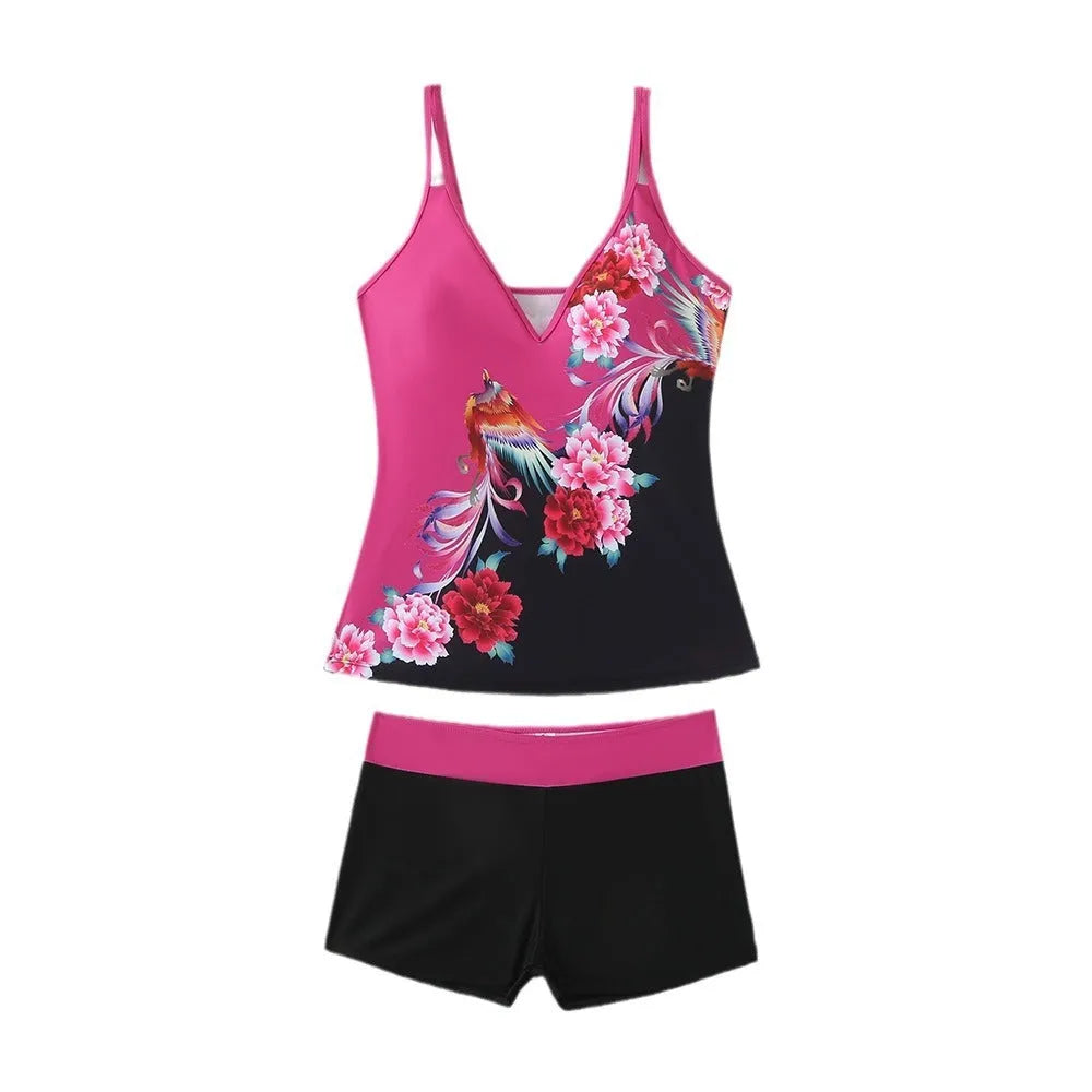 Women's plus size swimsuit set with matching swimming trunks in black or rose red printed design