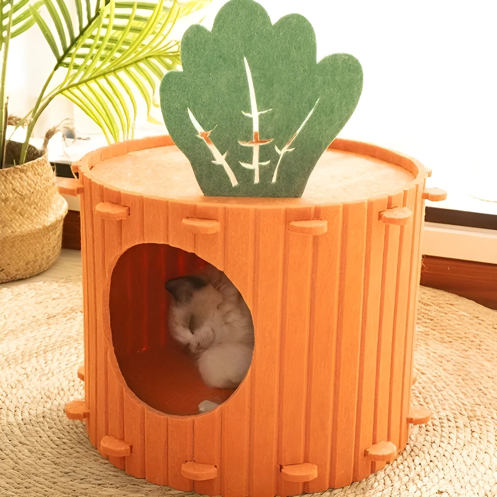 Carrot-shaped felt cat tunnel nest with ventilation holes in soft grey material