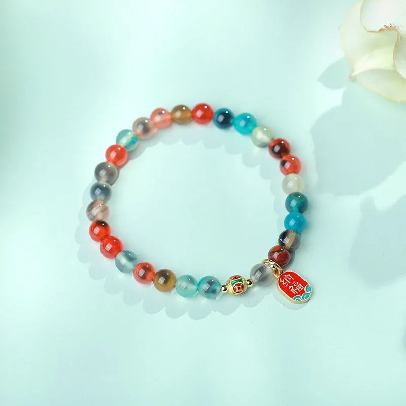 Natural colourful sugar heart agate women's bracelet with copper coin detailing in fu character design
