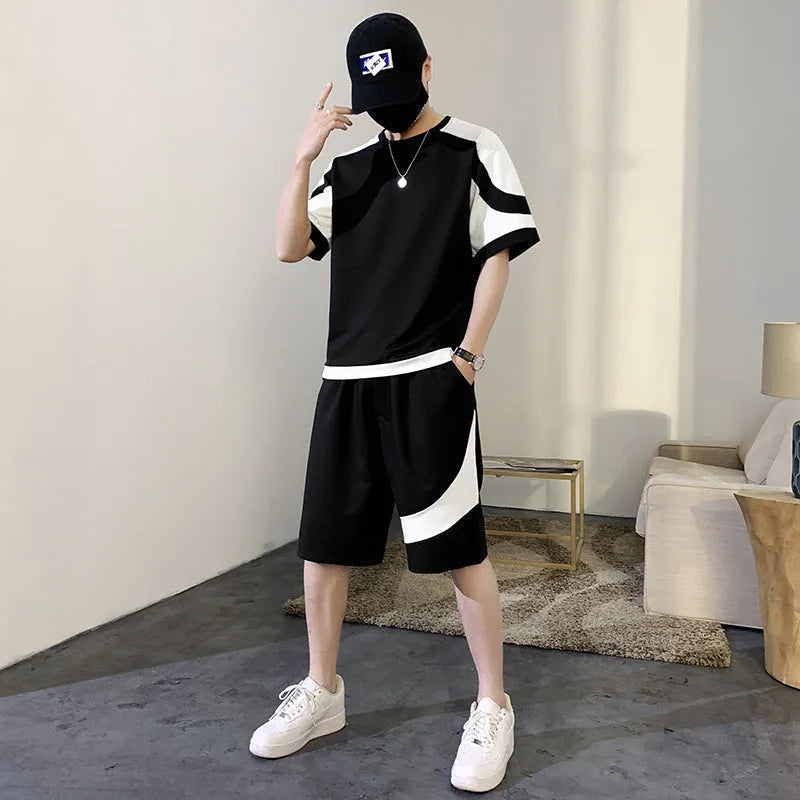 Men's summer casual suit with short-sleeved cotton blend T-shirt and matching nylon shorts in black and white sizes M to 4XL