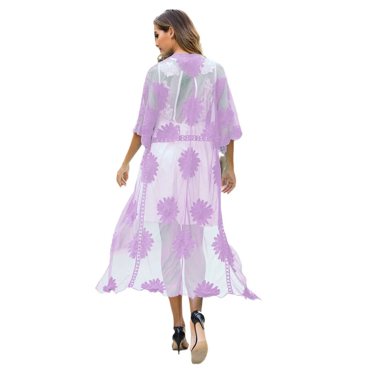 Light purple women's beach cover-up dress with lace embroidery, shown as a longline cardigan.