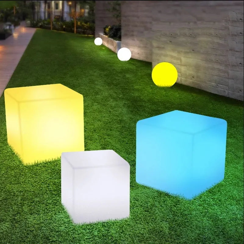 Modern square LED cube stool light for outdoor gardens and patios with waterproof IP65 rating