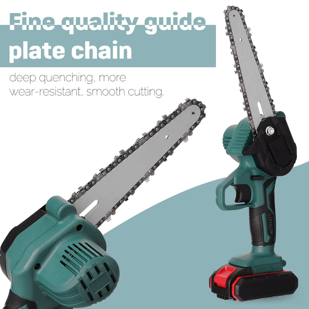 Black mini electric chainsaw with 4 inch guide plate held in one hand
