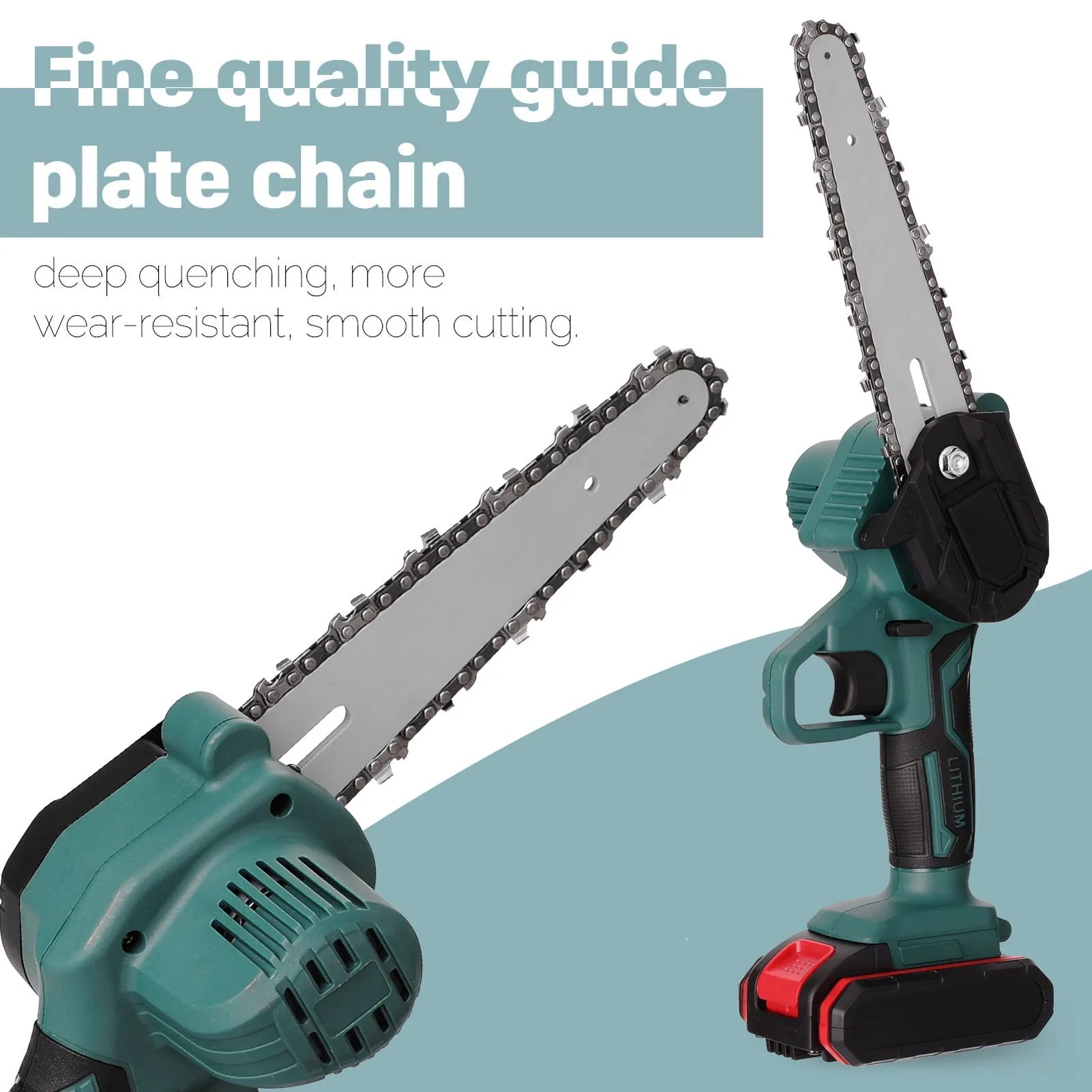 Black mini electric chainsaw with 4 inch guide plate held in one hand