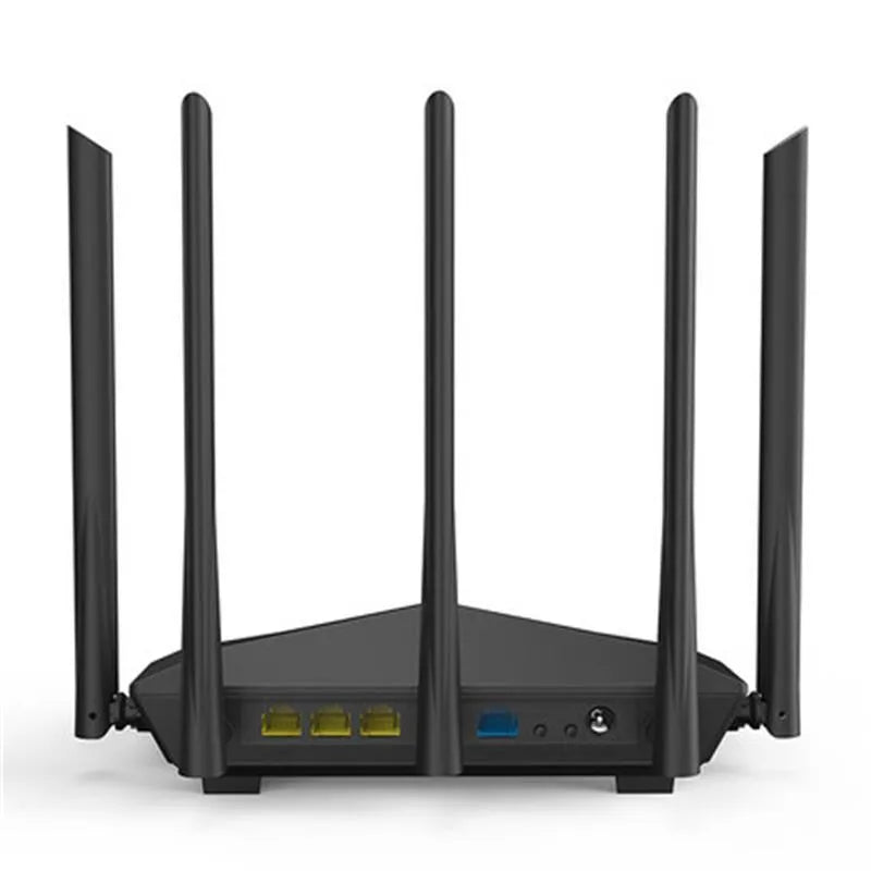 Black AC11 Gigabit Wireless Router showing rear panel with four Gigabit Ethernet ports.
