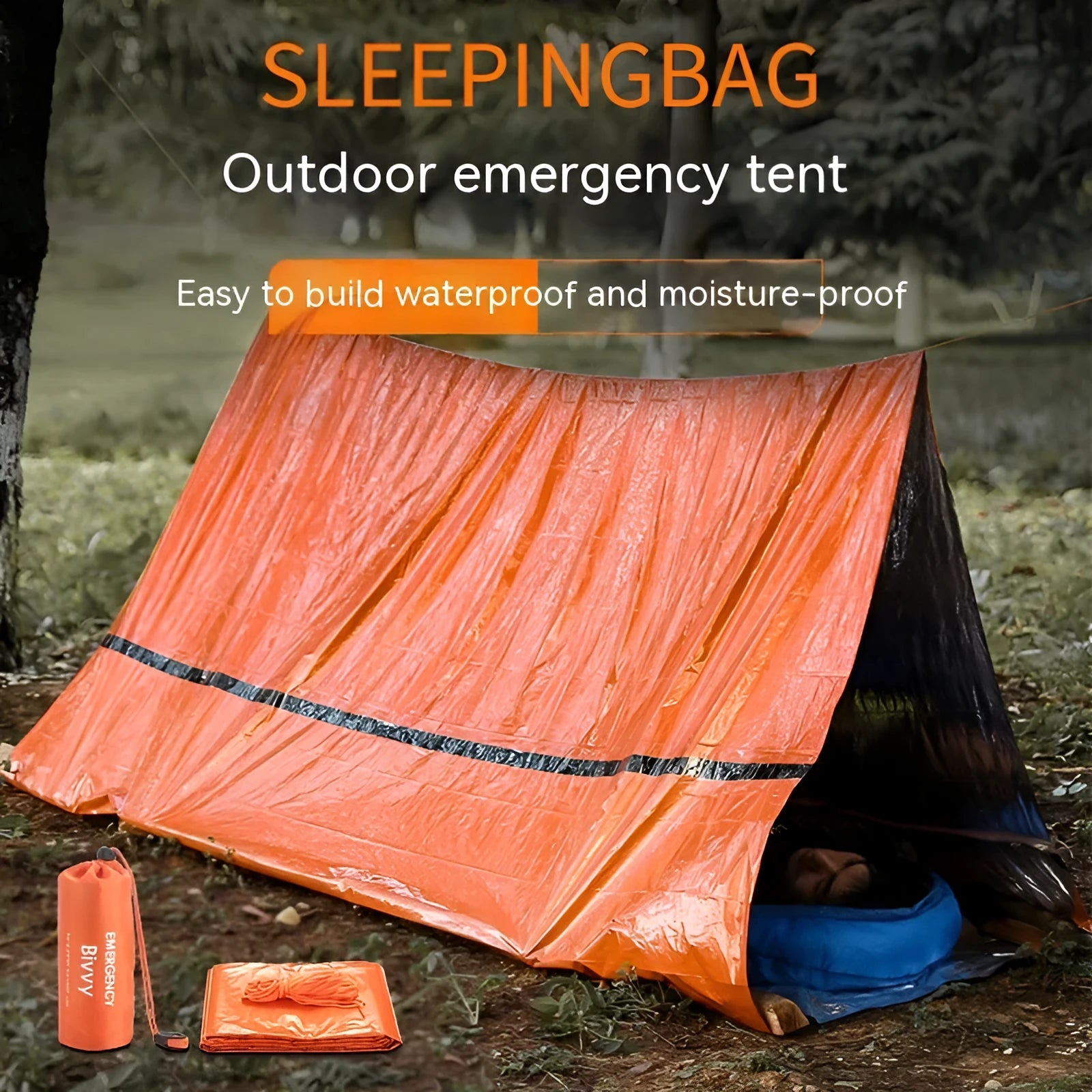 Portable disaster relief tent with emergency blanket and sleeping bag options orange and green colours