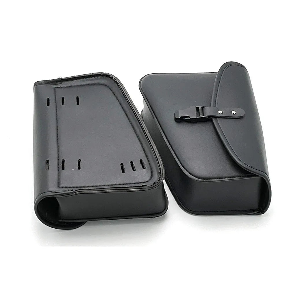Black PU leather motorcycle swingarm saddlebag for Sportster models showing mounting position