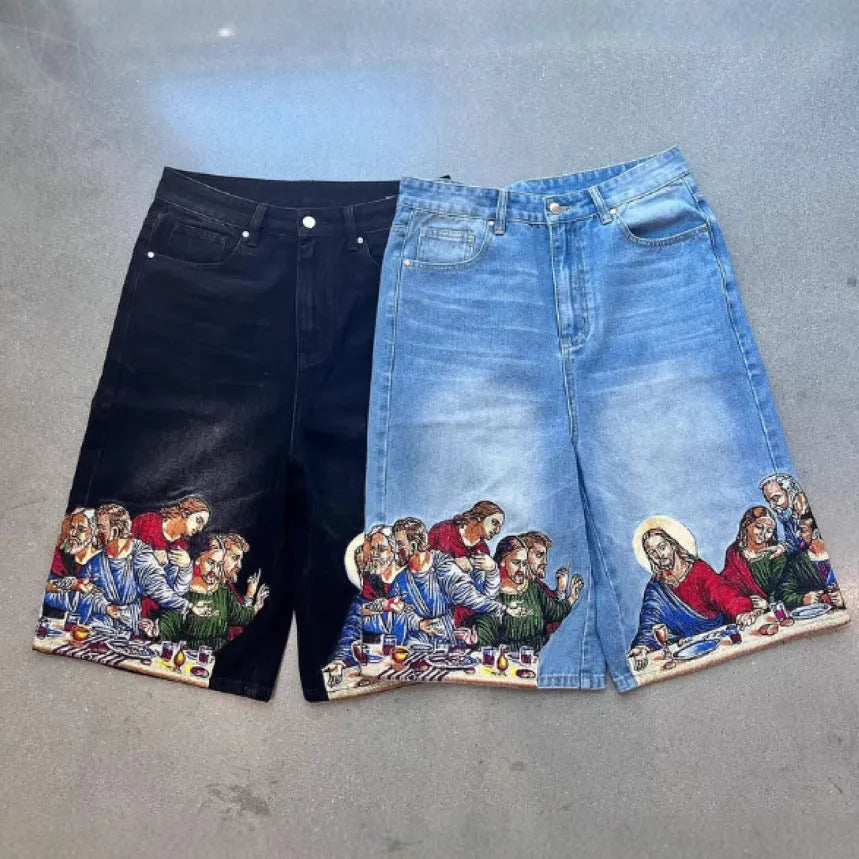 Blue men's cotton shorts with a Jesus design printed on the back pocket, showing tapered leg.