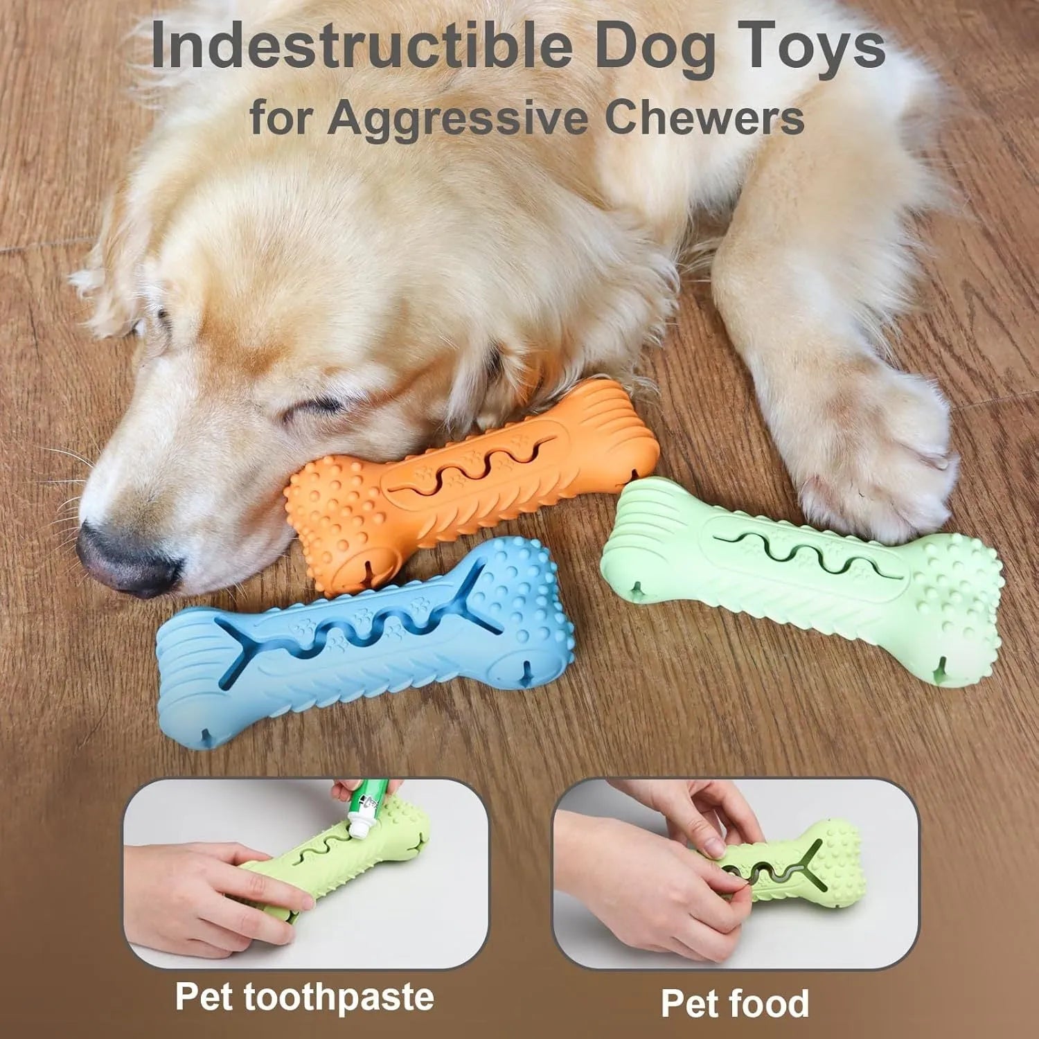 Blue bone-shaped natural rubber dog chew toy for aggressive chewers with textured surface.