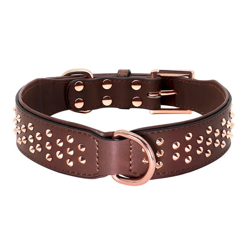 Leather dog collar with anti-bite rivets in black, chocolate, and pink colour options