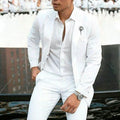 Men's white slim fit two-piece suit set for weddings, showing jacket and trousers.