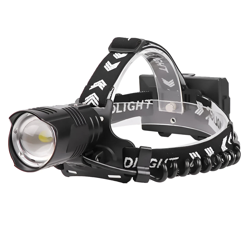Black USB rechargeable headlight with telescopic zoom lens and headband mounting