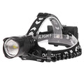 Black USB rechargeable headlight with telescopic zoom lens and headband mounting