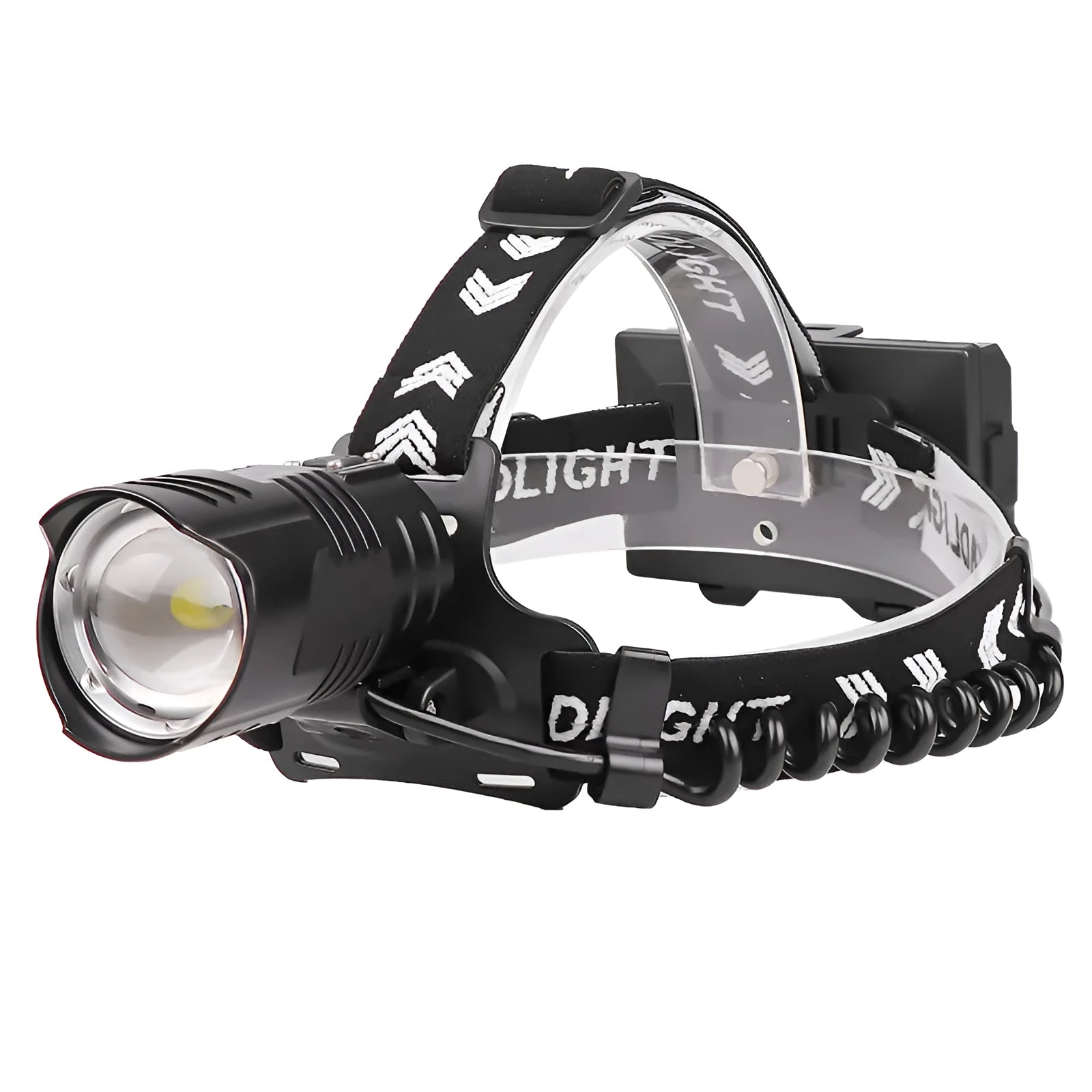 Black USB rechargeable headlight with telescopic zoom lens and headband mounting