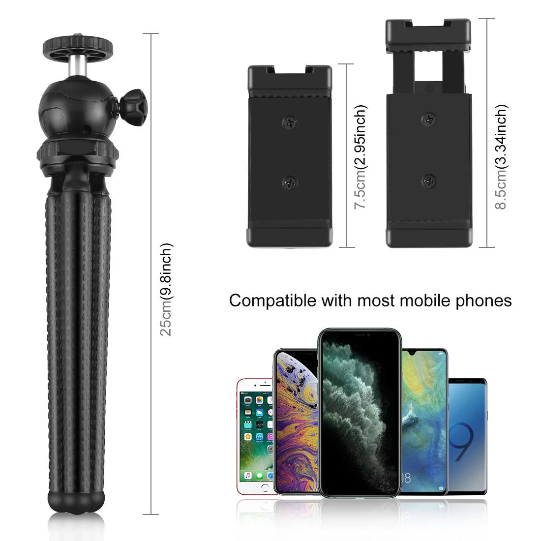Black octopus-style flexible tripod with integrated fill light and microphone for iPhone live broadcasting.