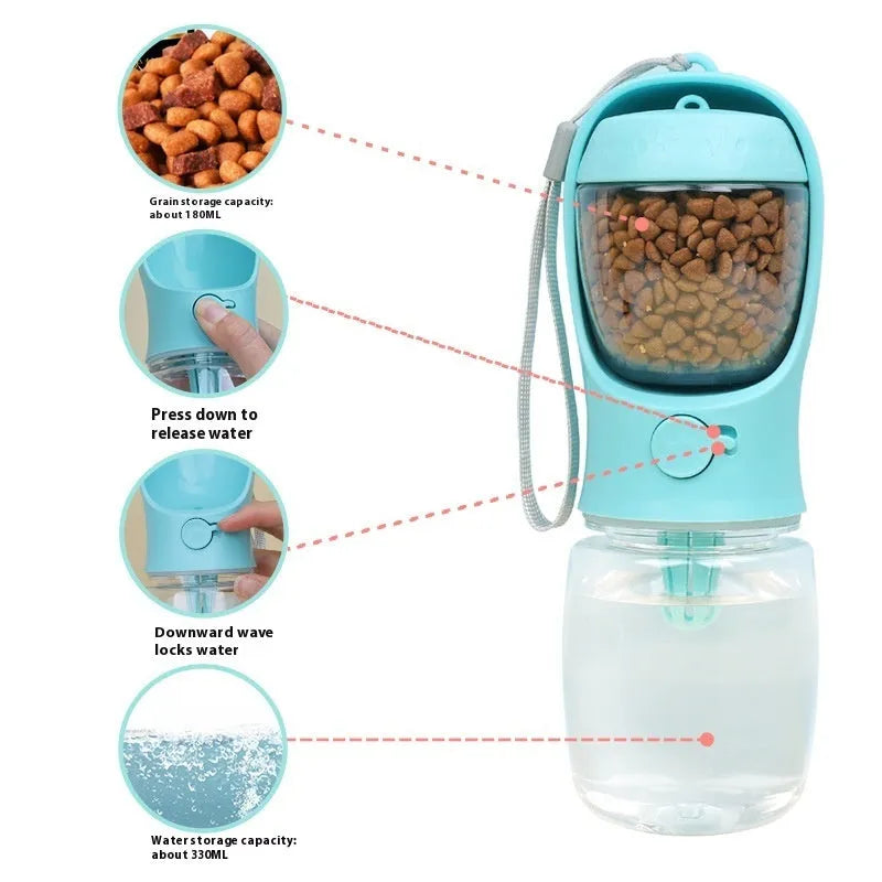 Blue dual-use plastic dog water cup with bottle and bowl design for outdoor walks.