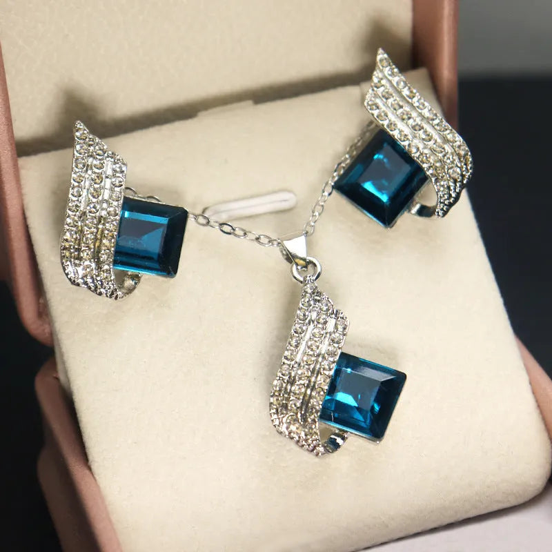 Glass cross chain necklace with matching electroplated alloy pendant ear stud earrings set for women