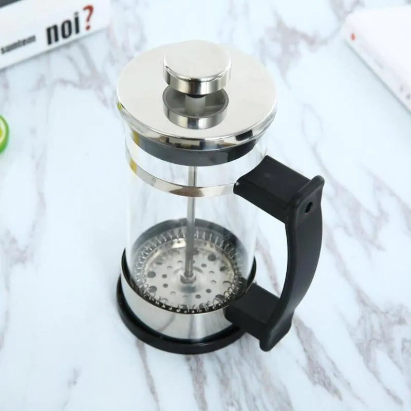 350ml capacity glass and stainless steel manual coffee maker, 10cm wide by 17cm tall.