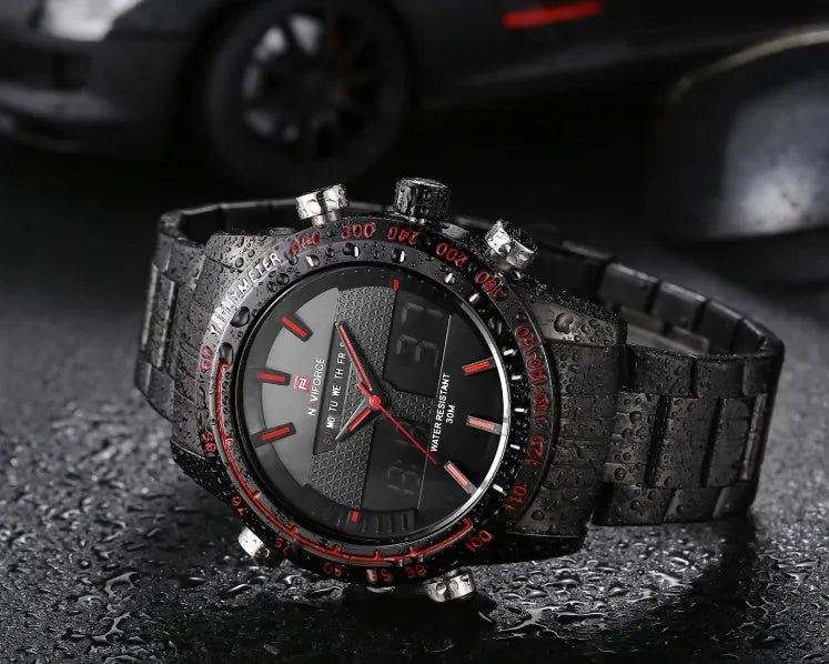 Naviforce 9024 men's sports wrist watch with black alloy strap, 46mm round dial, and luminous hands