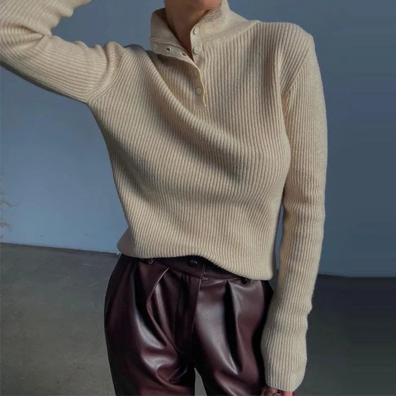 Silver grey retro half-turtleneck single-breasted pullover sweater on a model, slim fit.