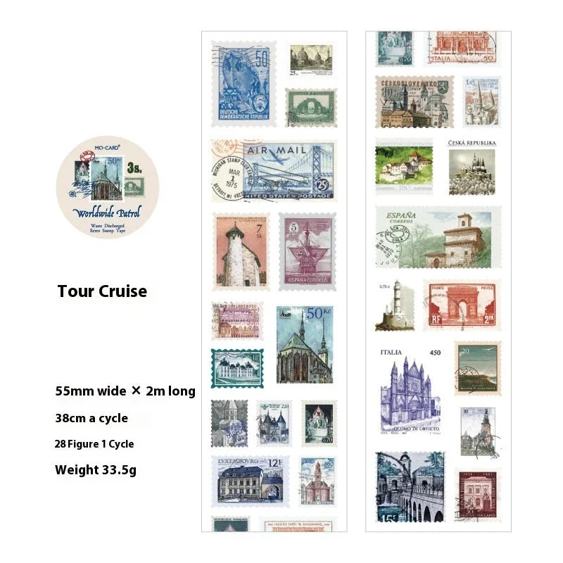 Roll of retro-style decorative coated paper stamps for journal decoration, 55mm wide.