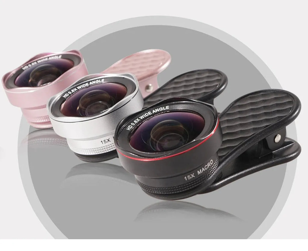 LQ-046 smartphone wide-angle and macro lens kit with universal clip and storage case in black silver