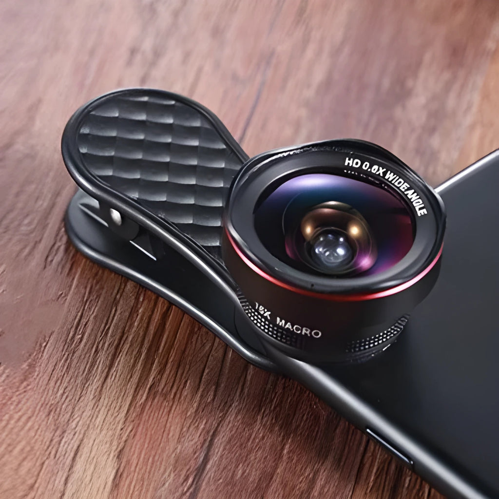 LQ-046 smartphone wide-angle and macro lens kit with universal clip and storage case in black silver
