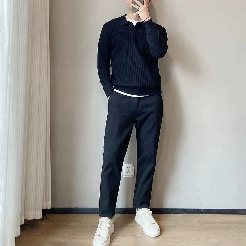 Men's loose grey striped lapel knitted sweater on a hanger