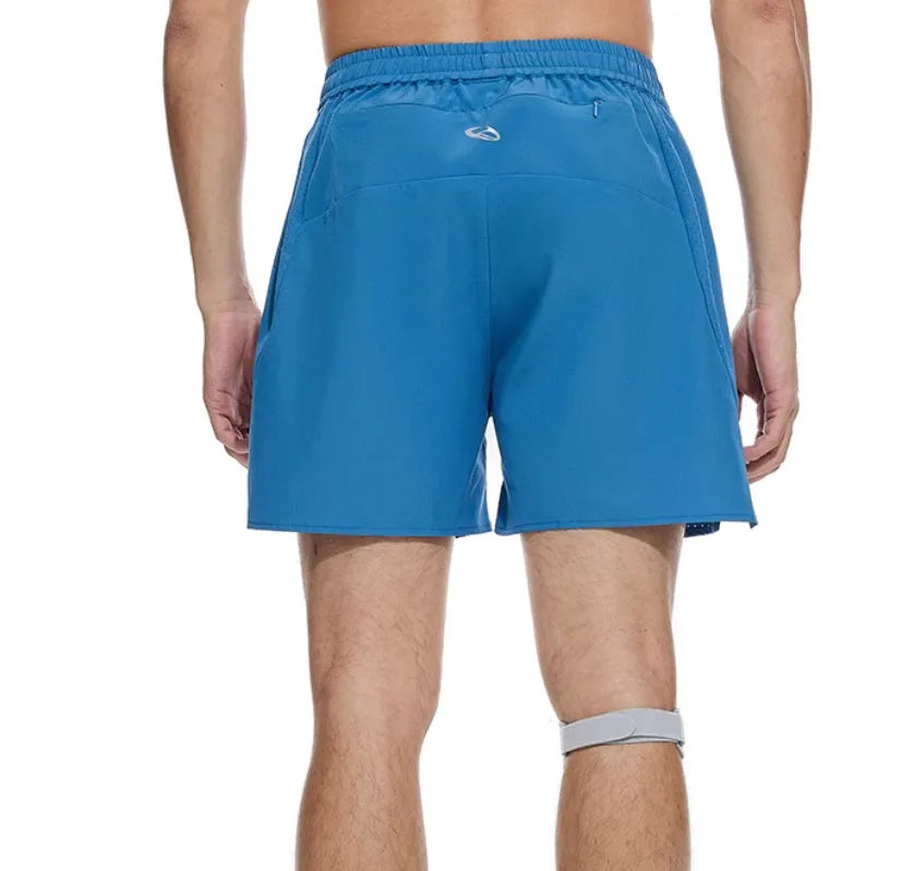 Laser-stitched black running shorts with stretch Spandex fabric laid flat.