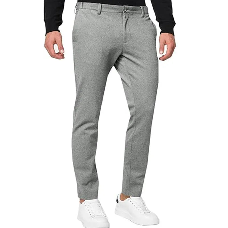 Men's slim-fit tapered chino trousers in army green colour with British style casual design