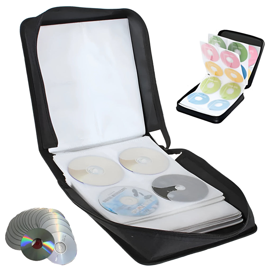 Black Oxford fabric CD DVD storage organiser bag with zipper closure and top hand strap.